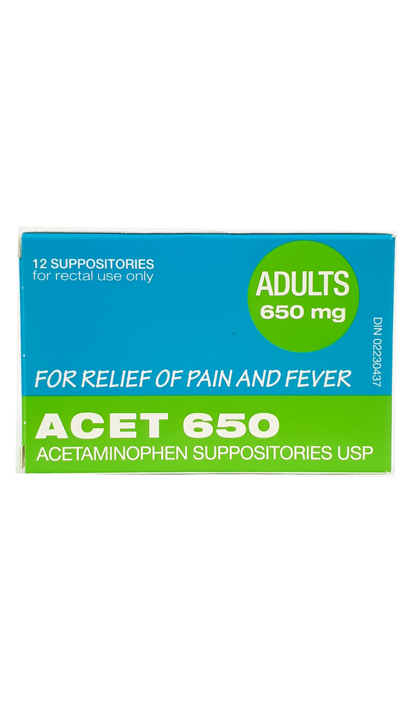 Acetaminophen Suppositories 650mg, 12 suppositories - Green Valley Pharmacy Ottawa Canada