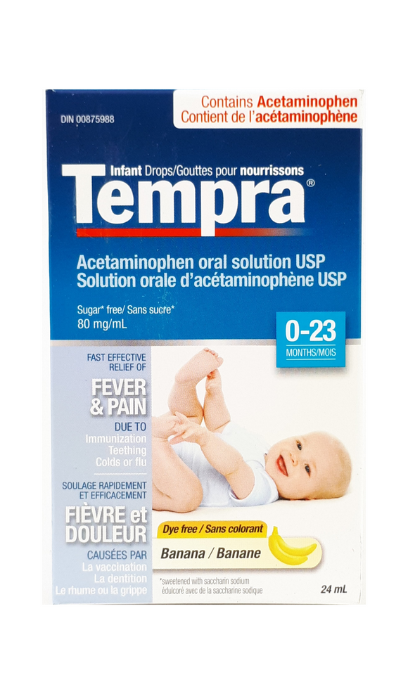 Tempra Drops Age 0-23 months, Banana flavor, 24 mL - Green Valley Pharmacy Ottawa Canada
