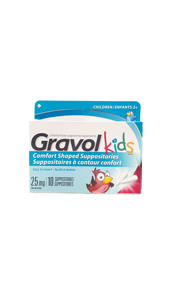 Gravol Suppositories Kids, 25mg, 10 suppositores - Green Valley Pharmacy Ottawa Canada
