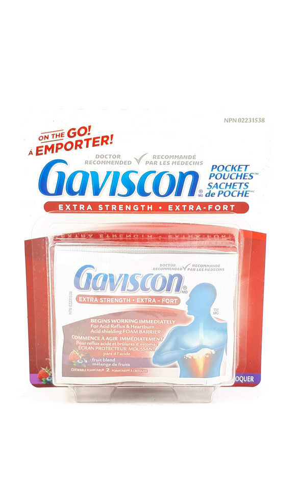 Gaviscon XS, Fruit Flavor, Pocket Pouch, 8 tablets - Green Valley Pharmacy Ottawa Canada