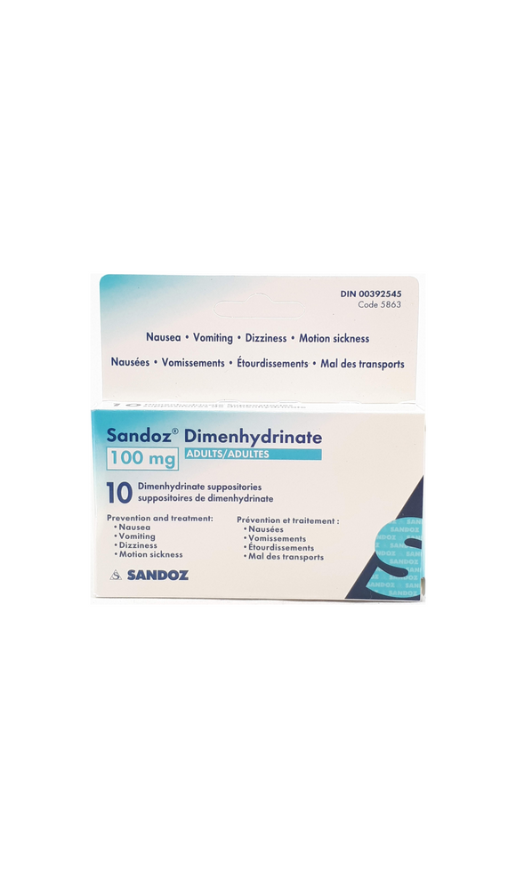 Dimenhydrinate, 100 mg, 10 suppositories - Green Valley Pharmacy Ottawa Canada
