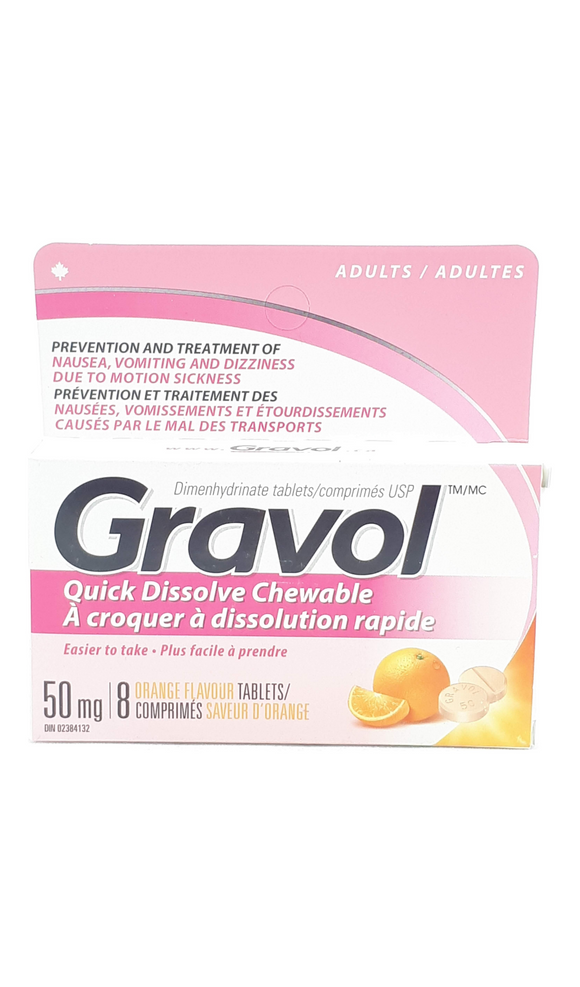 Gravol, 50mg Quick Dissolve, Orange Flavor, 8 Tablets - Green Valley Pharmacy Ottawa Canada
