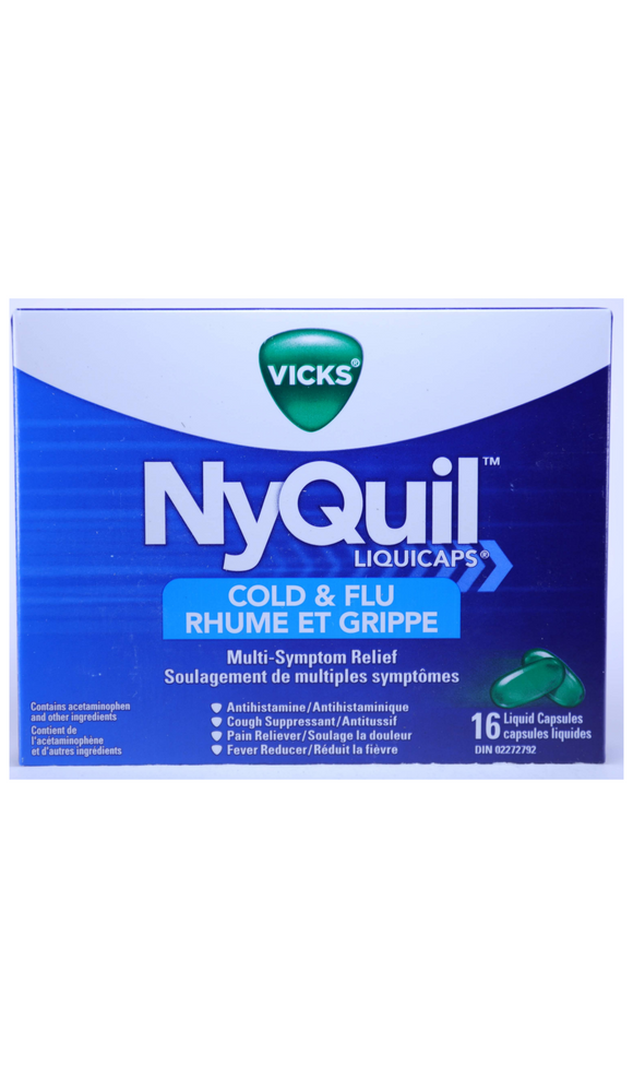 NyQuil Cold & Flu, 16 Capsules - Green Valley Pharmacy Ottawa Canada