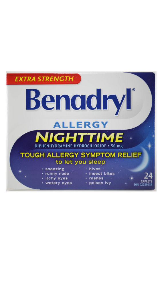 Benadryl Allergy, Nighttime, 24 Caplets - Green Valley Pharmacy Ottawa Canada