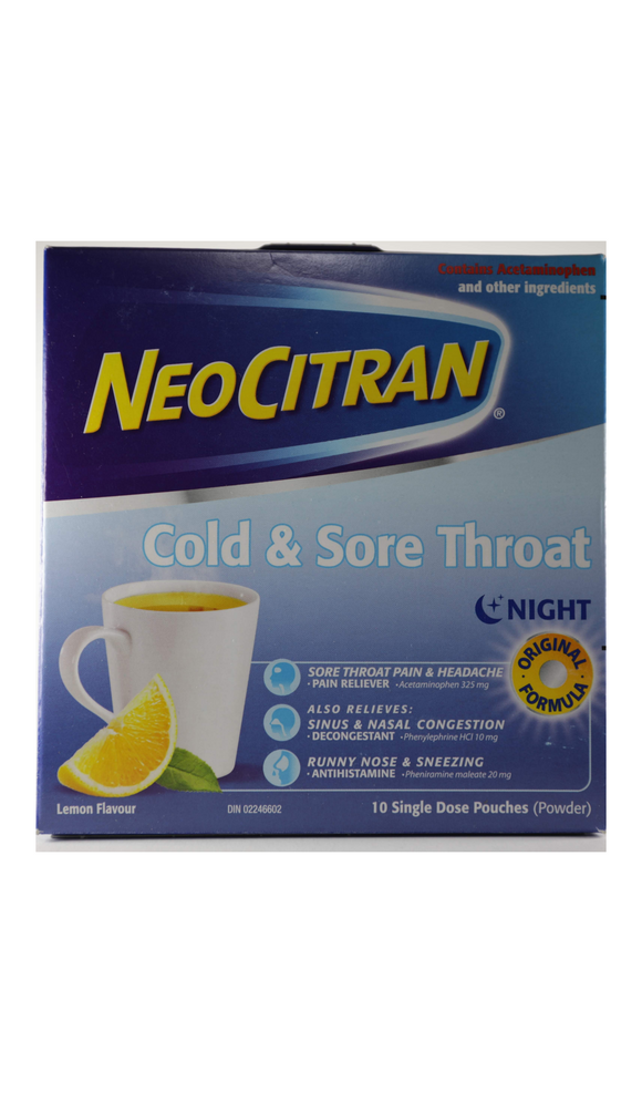 NeoCitran, Cold & Sore Throat, Lemon, 10 Pouches - Green Valley Pharmacy Ottawa Canada